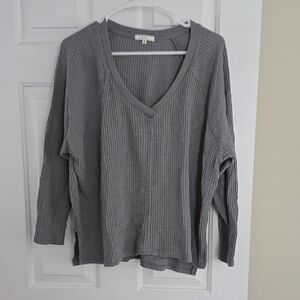 Gray V-Neck Ribbed Women's Top